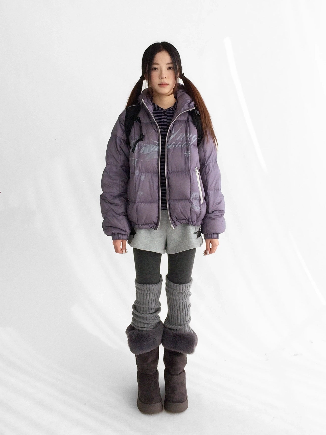 innomoood 90 Percent White Duck Down Printed Loose Hooded Short Zipper Women Down Jacket