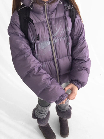 innomoood 90 Percent White Duck Down Printed Loose Hooded Short Zipper Women Down Jacket