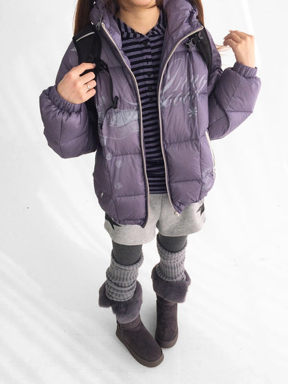 innomoood 90 Percent White Duck Down Printed Loose Hooded Short Zipper Women Down Jacket