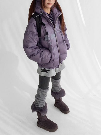 innomoood 90 Percent White Duck Down Printed Loose Hooded Short Zipper Women Down Jacket