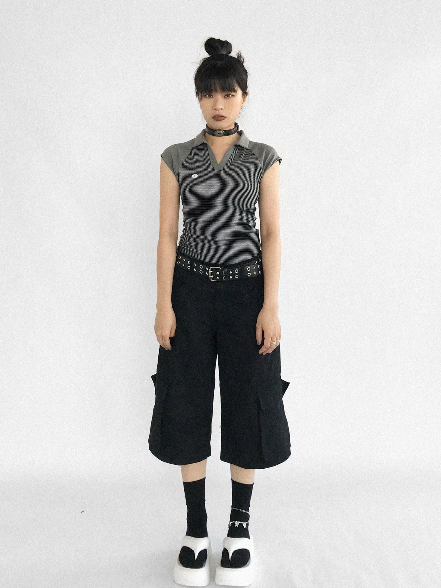 innomoood Adjustable Low Rise Wide Leg Cargo Capri Cotton Shorts