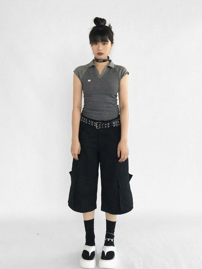 innomoood Adjustable Low Rise Wide Leg Cargo Capri Cotton Shorts