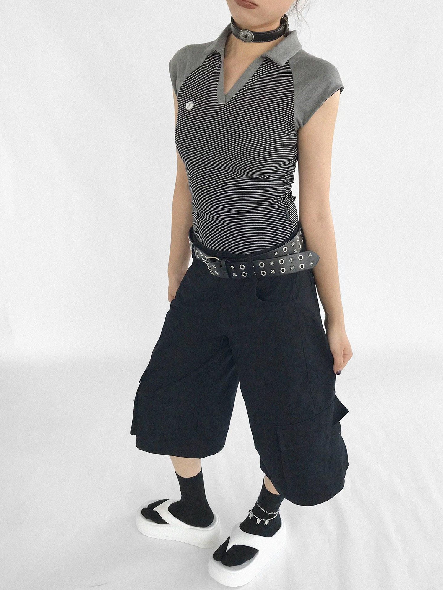 innomoood Adjustable Low Rise Wide Leg Cargo Capri Cotton Shorts