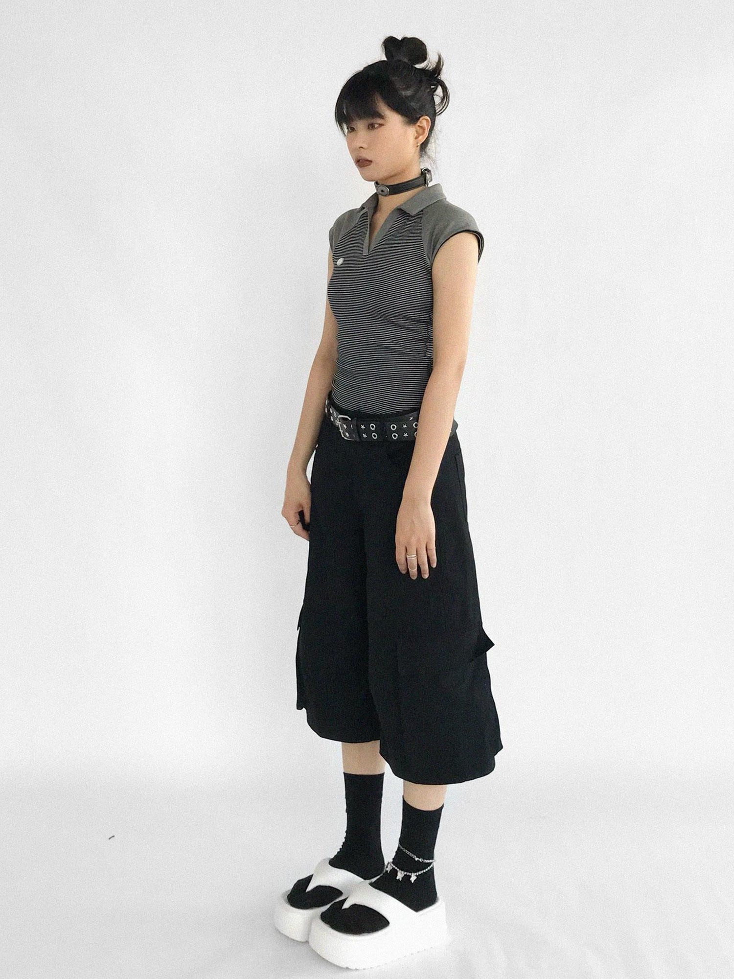 innomoood Adjustable Low Rise Wide Leg Cargo Capri Cotton Shorts