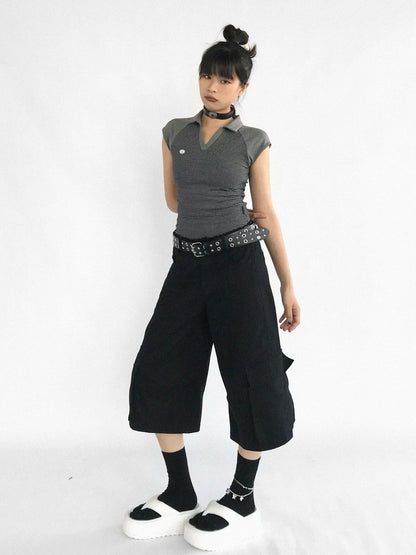 innomoood Adjustable Low Rise Wide Leg Cargo Capri Cotton Shorts