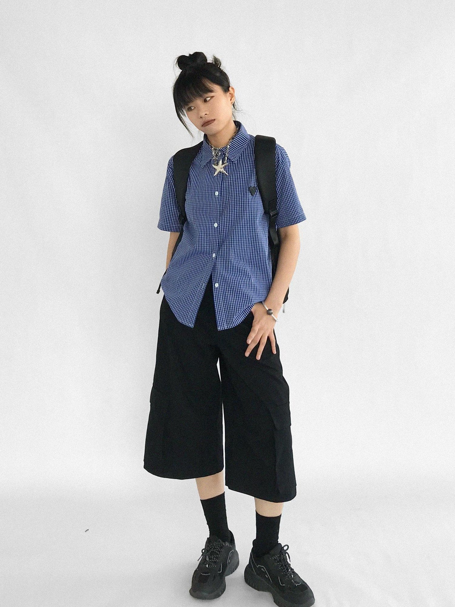 innomoood Adjustable Low Rise Wide Leg Cargo Capri Cotton Shorts