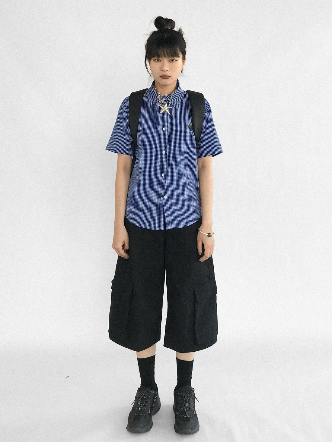 innomoood Adjustable Low Rise Wide Leg Cargo Capri Cotton Shorts