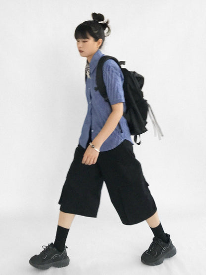 innomoood Adjustable Low Rise Wide Leg Cargo Capri Cotton Shorts