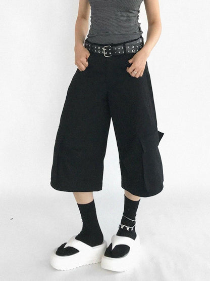 innomoood Adjustable Low Rise Wide Leg Cargo Capri Cotton Shorts