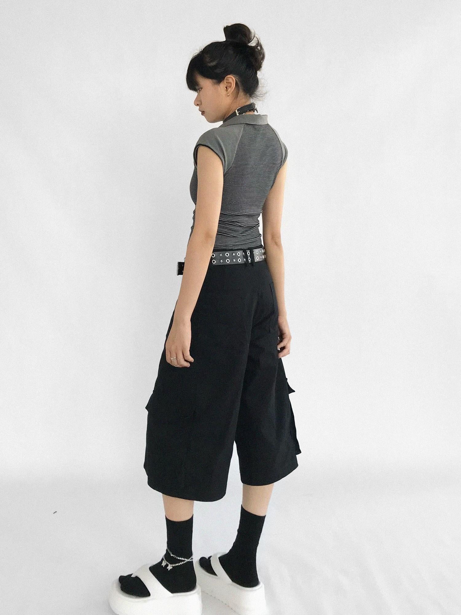 innomoood Adjustable Low Rise Wide Leg Cargo Capri Cotton Shorts