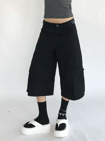 innomoood Adjustable Low Rise Wide Leg Cargo Capri Cotton Shorts