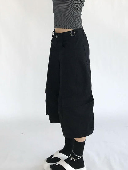 innomoood Adjustable Low Rise Wide Leg Cargo Capri Cotton Shorts