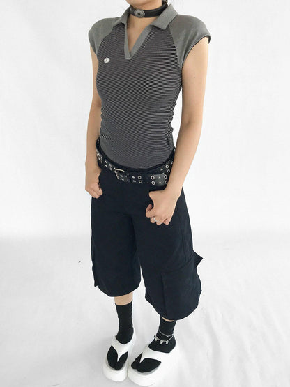 innomoood Adjustable Low Rise Wide Leg Cargo Capri Cotton Shorts