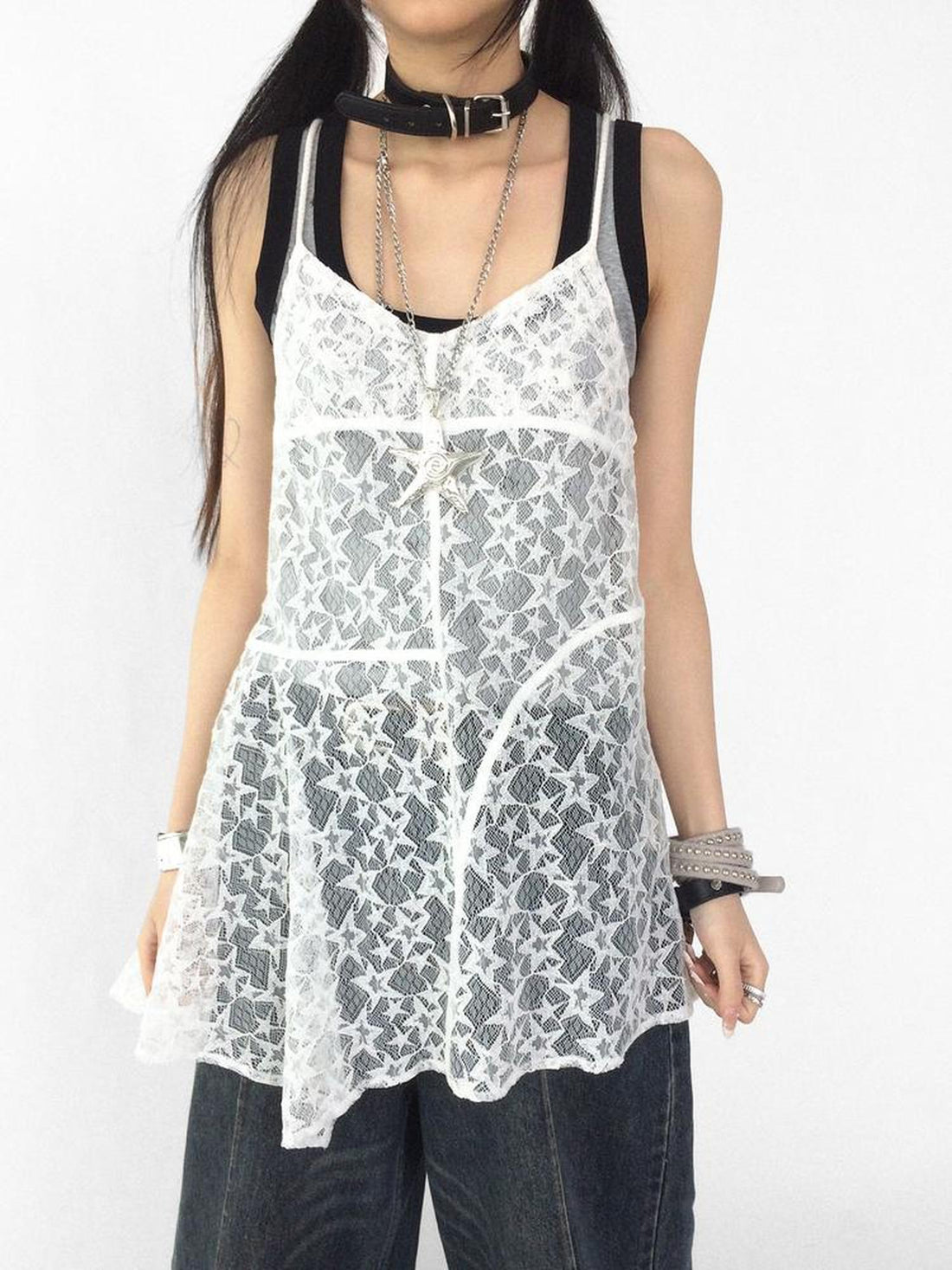 innomoood Adjustable Star Lace Slip Dress V-neck T-shirt Long Sleeve
