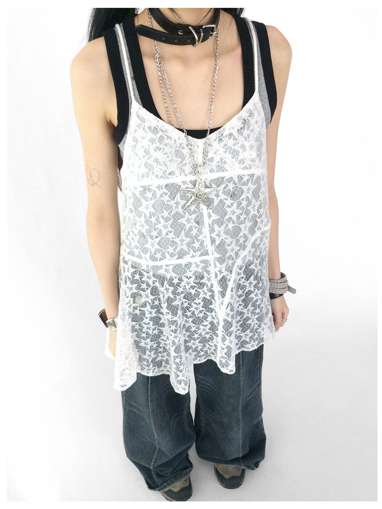 innomoood Adjustable Star Lace Slip Dress V-neck T-shirt Long Sleeve