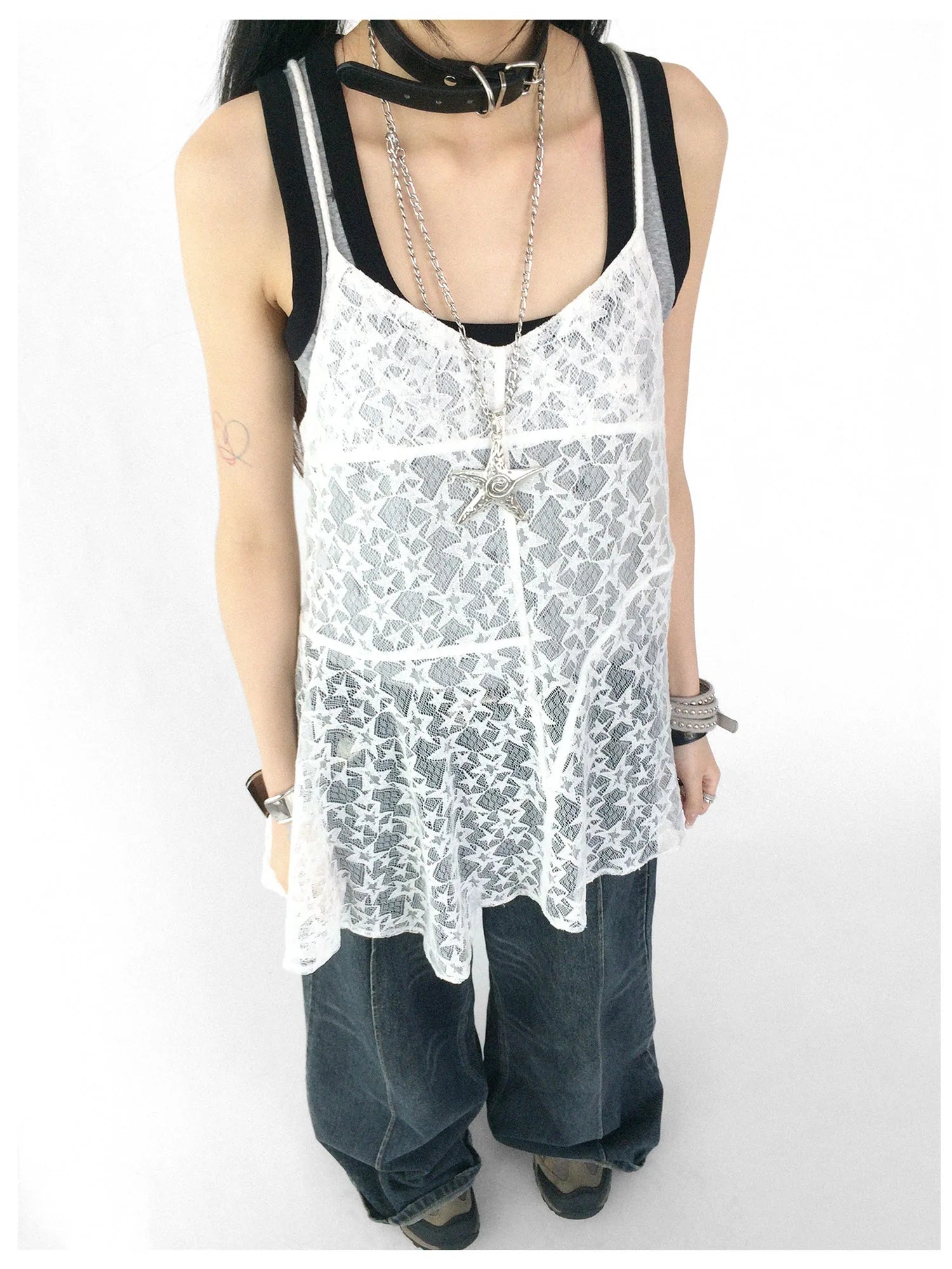 Adjustable Star Lace Slip Dress V-neck T-shirt Long Sleeve