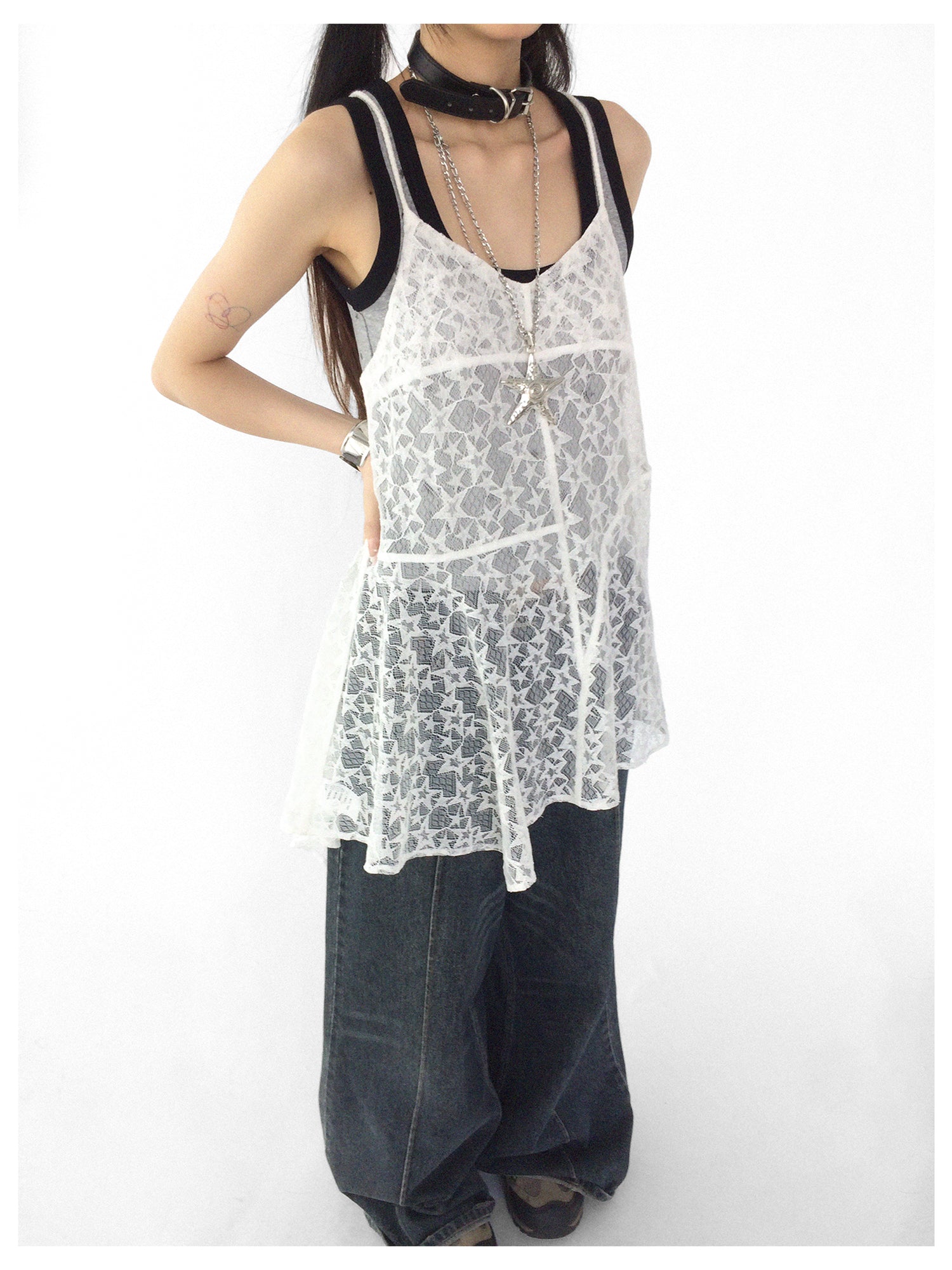 innomoood Adjustable Star Lace Slip Dress V-neck T-shirt Long Sleeve
