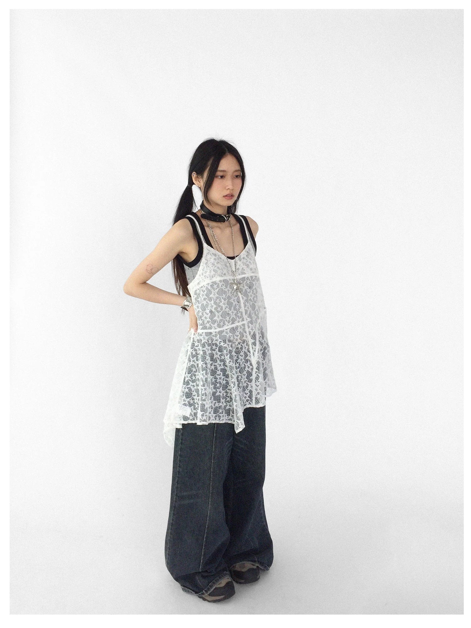 Adjustable Star Lace Slip Dress V-neck T-shirt Long Sleeve