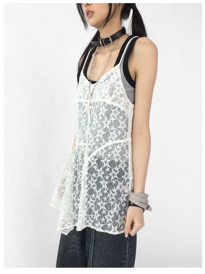 Adjustable Star Lace Slip Dress V-neck T-shirt Long Sleeve