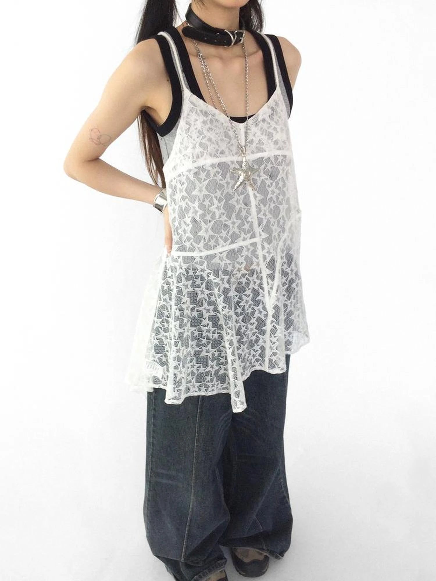 Adjustable Star Lace Slip Dress V-neck T-shirt Long Sleeve