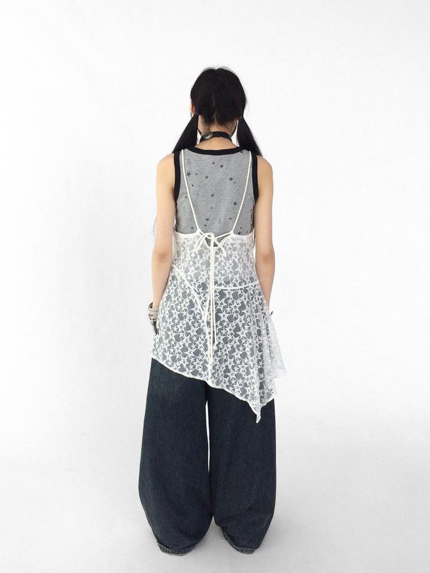 innomoood Adjustable Star Lace Slip Dress V-neck T-shirt Long Sleeve