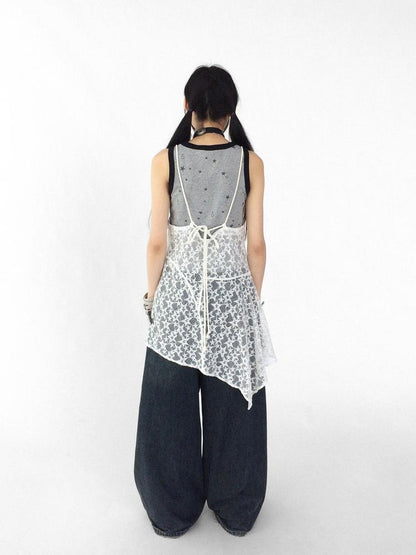 innomoood Adjustable Star Lace Slip Dress V-neck T-shirt Long Sleeve