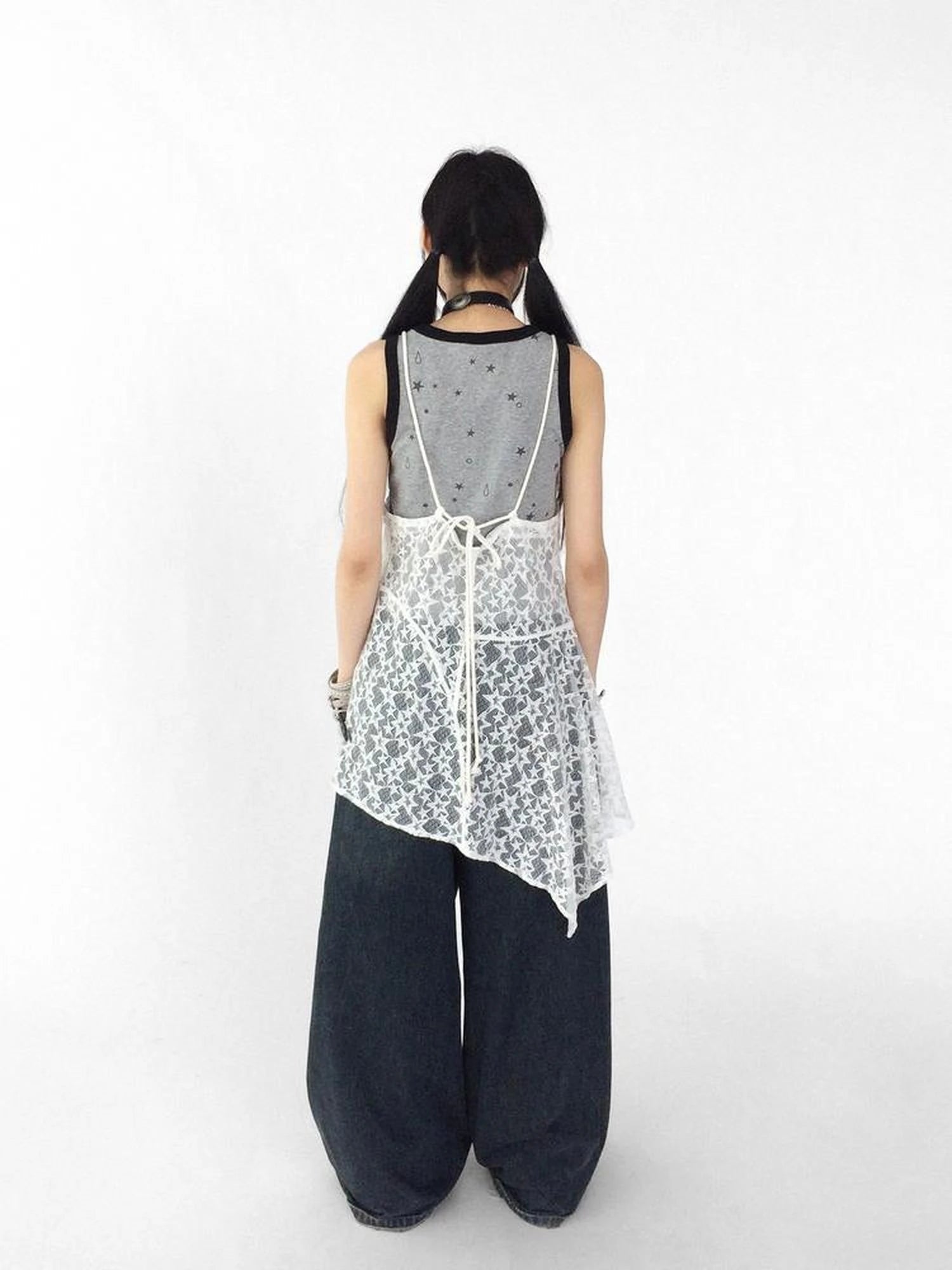 Adjustable Star Lace Slip Dress V-neck T-shirt Long Sleeve