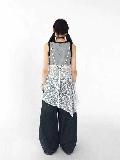 Adjustable Star Lace Slip Dress V-neck T-shirt Long Sleeve