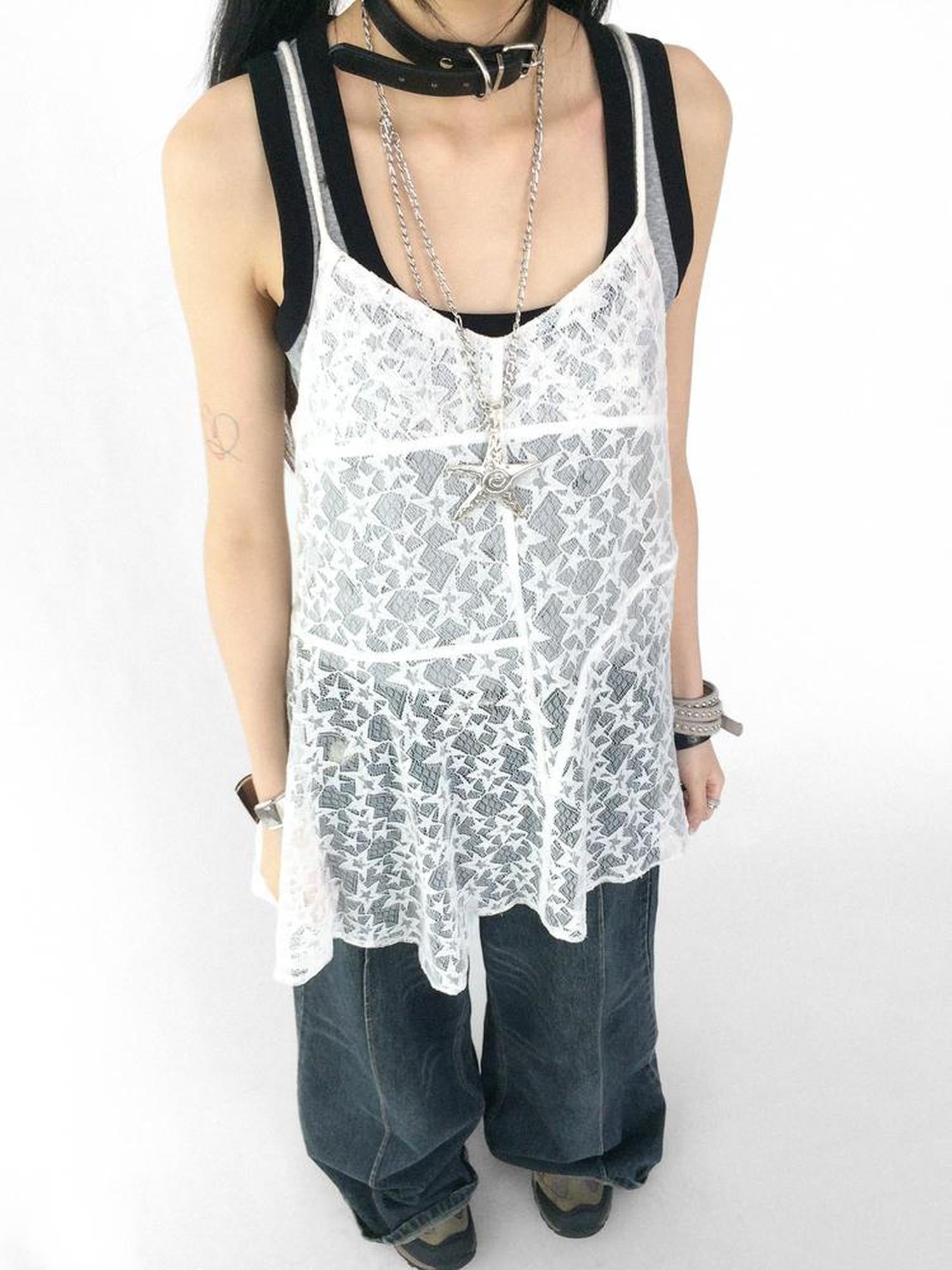 innomoood Adjustable Star Lace Slip Dress V-neck T-shirt Long Sleeve