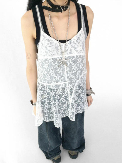 innomoood Adjustable Star Lace Slip Dress V-neck T-shirt Long Sleeve