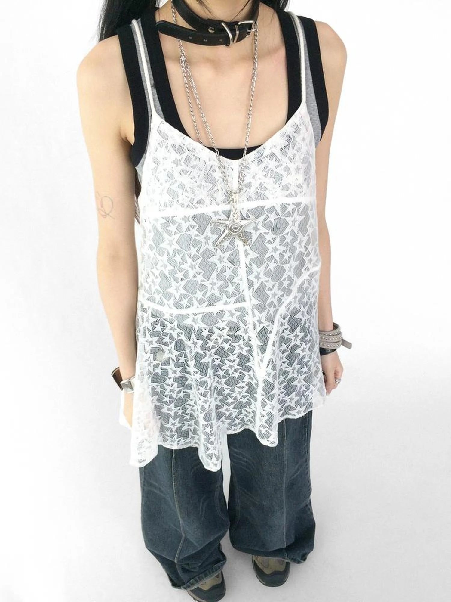 Adjustable Star Lace Slip Dress V-neck T-shirt Long Sleeve