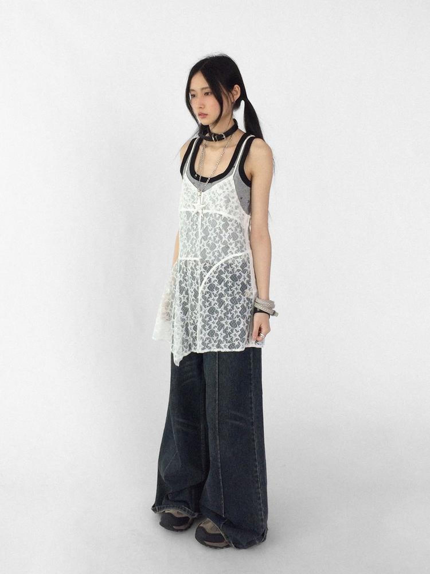innomoood Adjustable Star Lace Slip Dress V-neck T-shirt Long Sleeve