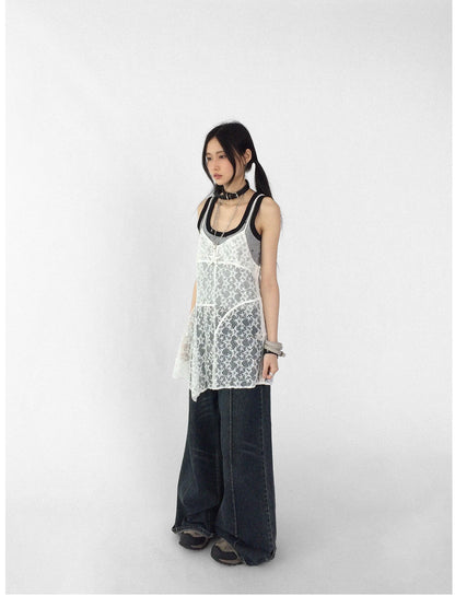 Adjustable Star Lace Slip Dress V-neck T-shirt Long Sleeve