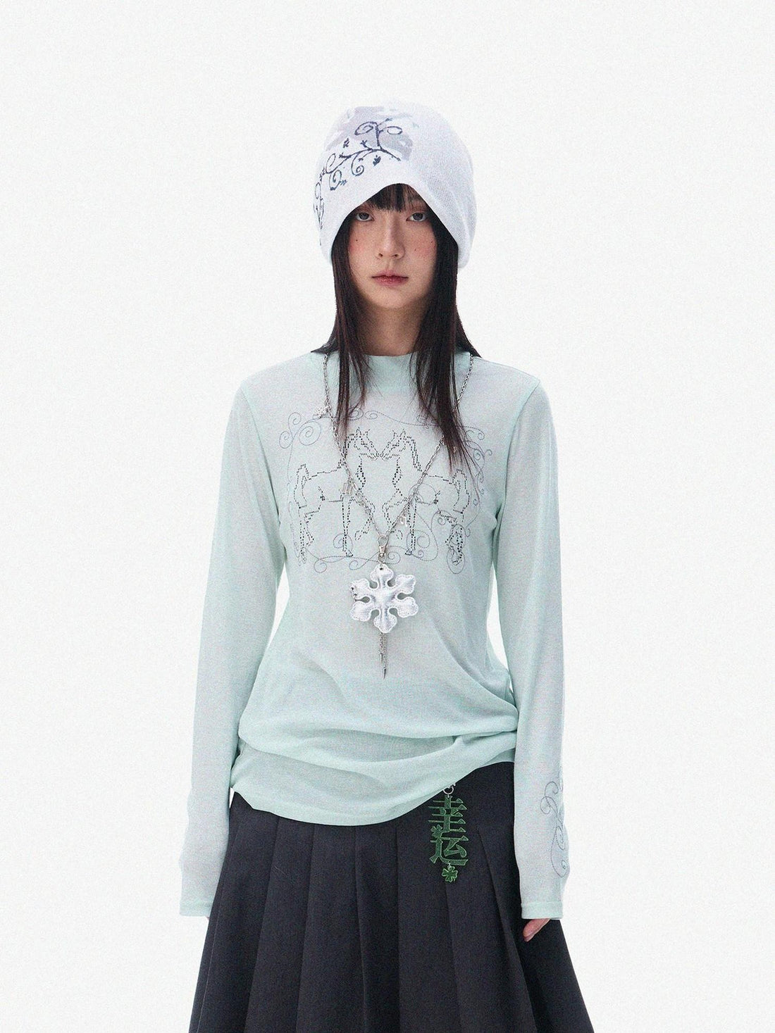 innomoood Airy Pink Embroidered Horse Semi High Neck Women&