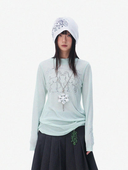 innomoood Airy Pink Embroidered Horse Semi High Neck Women&