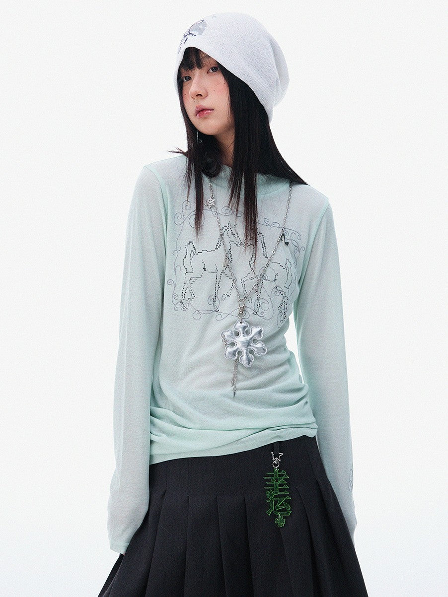 innomoood Airy Pink Embroidered Horse Semi High Neck Women&