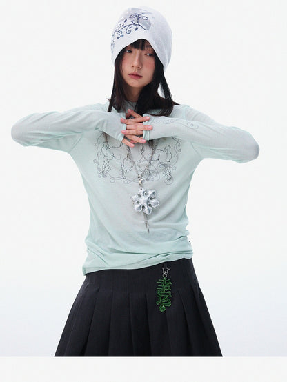 innomoood Airy Pink Embroidered Horse Semi High Neck Women&