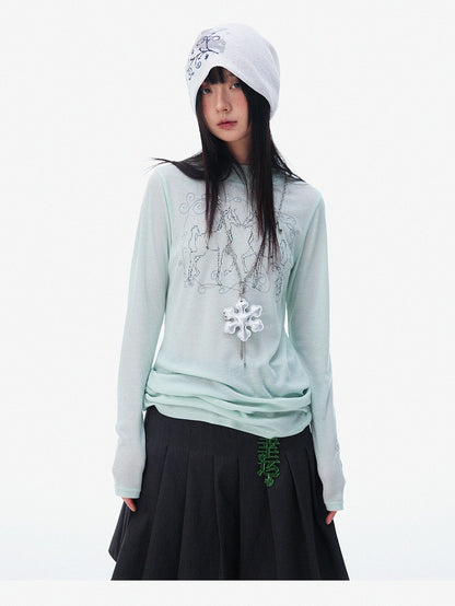 innomoood Airy Pink Embroidered Horse Semi High Neck Women&