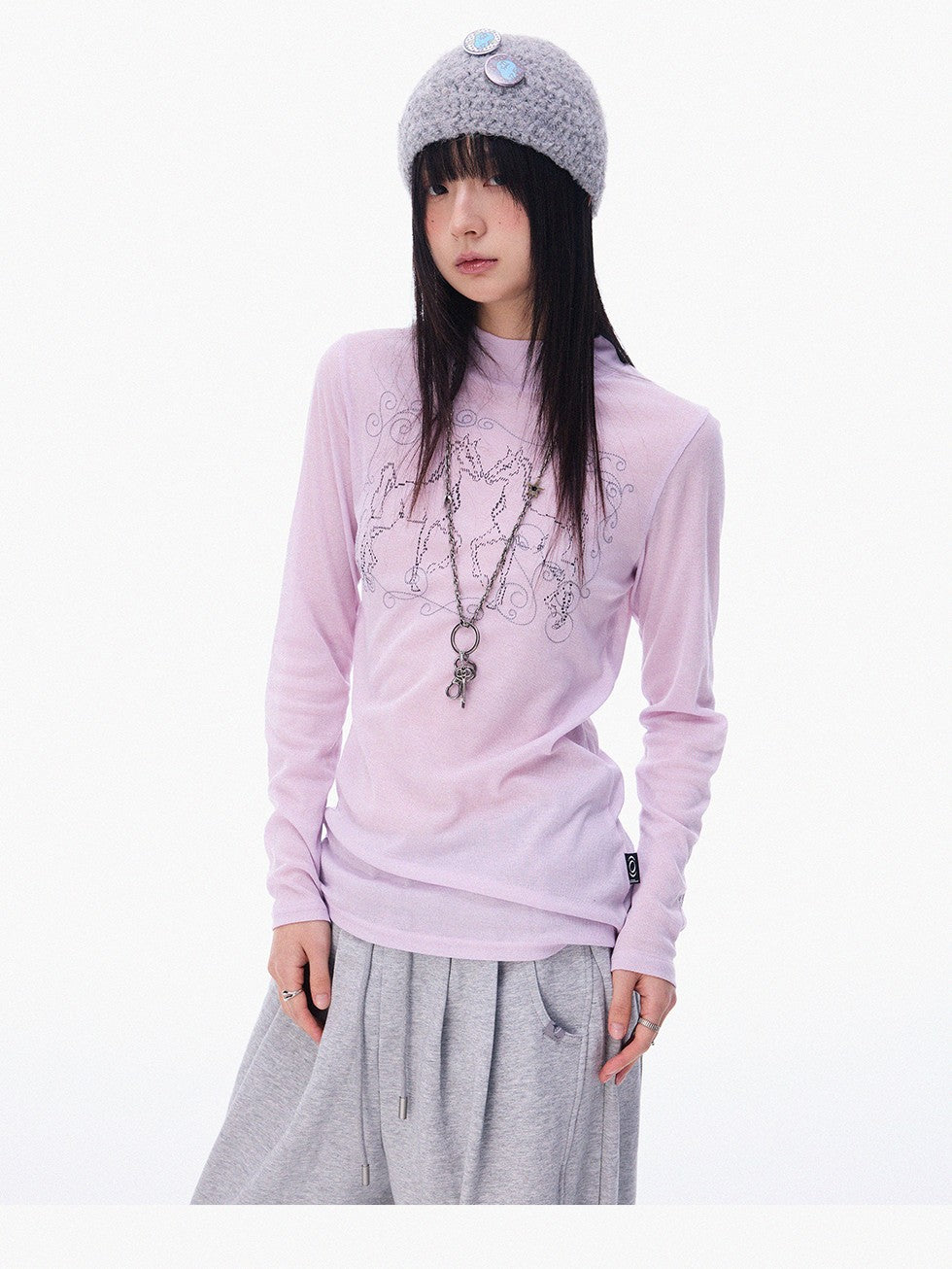 innomoood Airy Pink Embroidered Horse Semi High Neck Women&