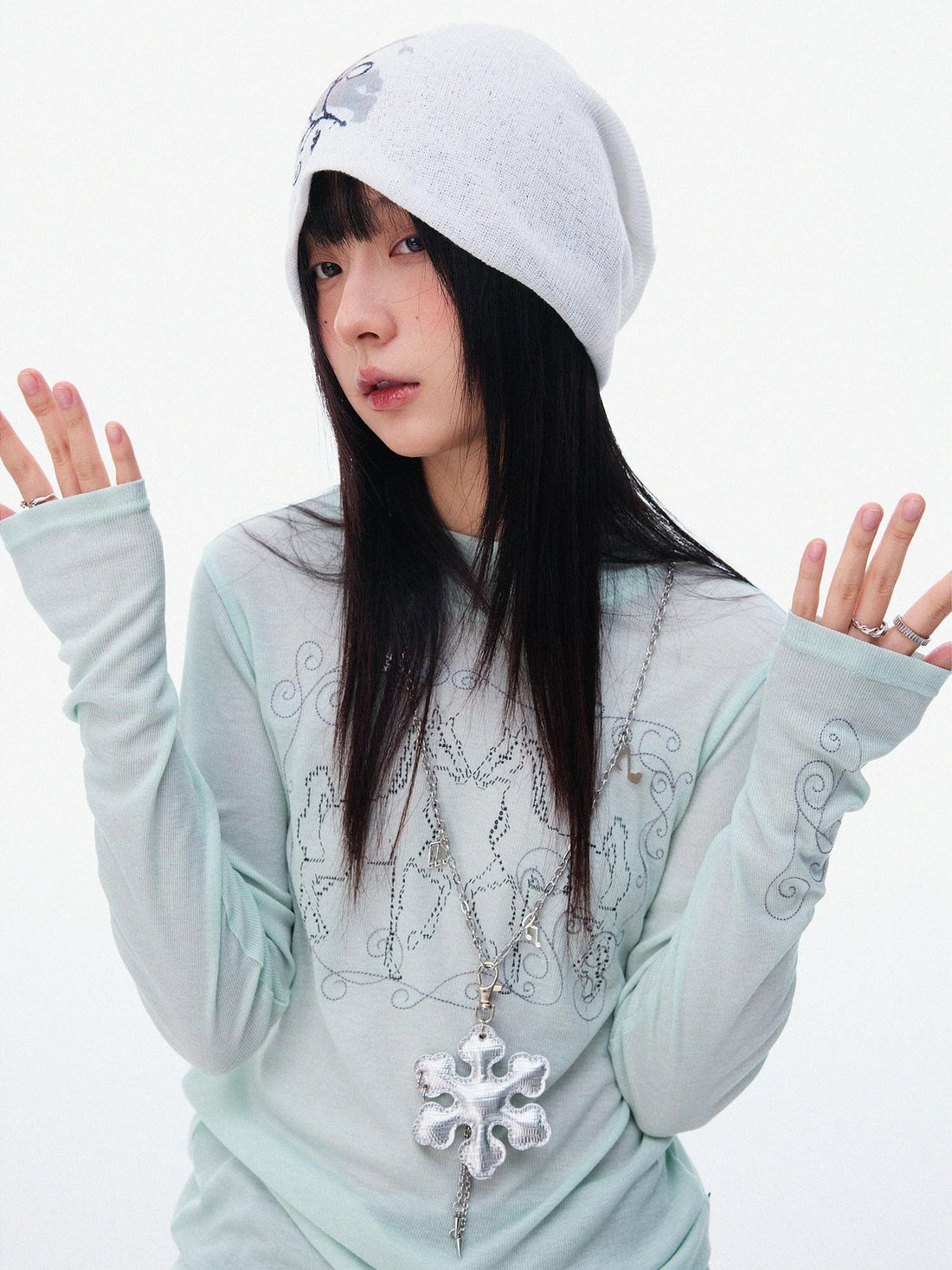 innomoood Airy Pink Embroidered Horse Semi High Neck Women&