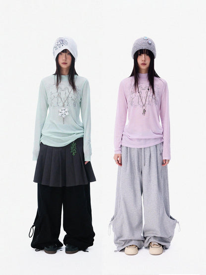 innomoood Airy Pink Embroidered Horse Semi High Neck Women&
