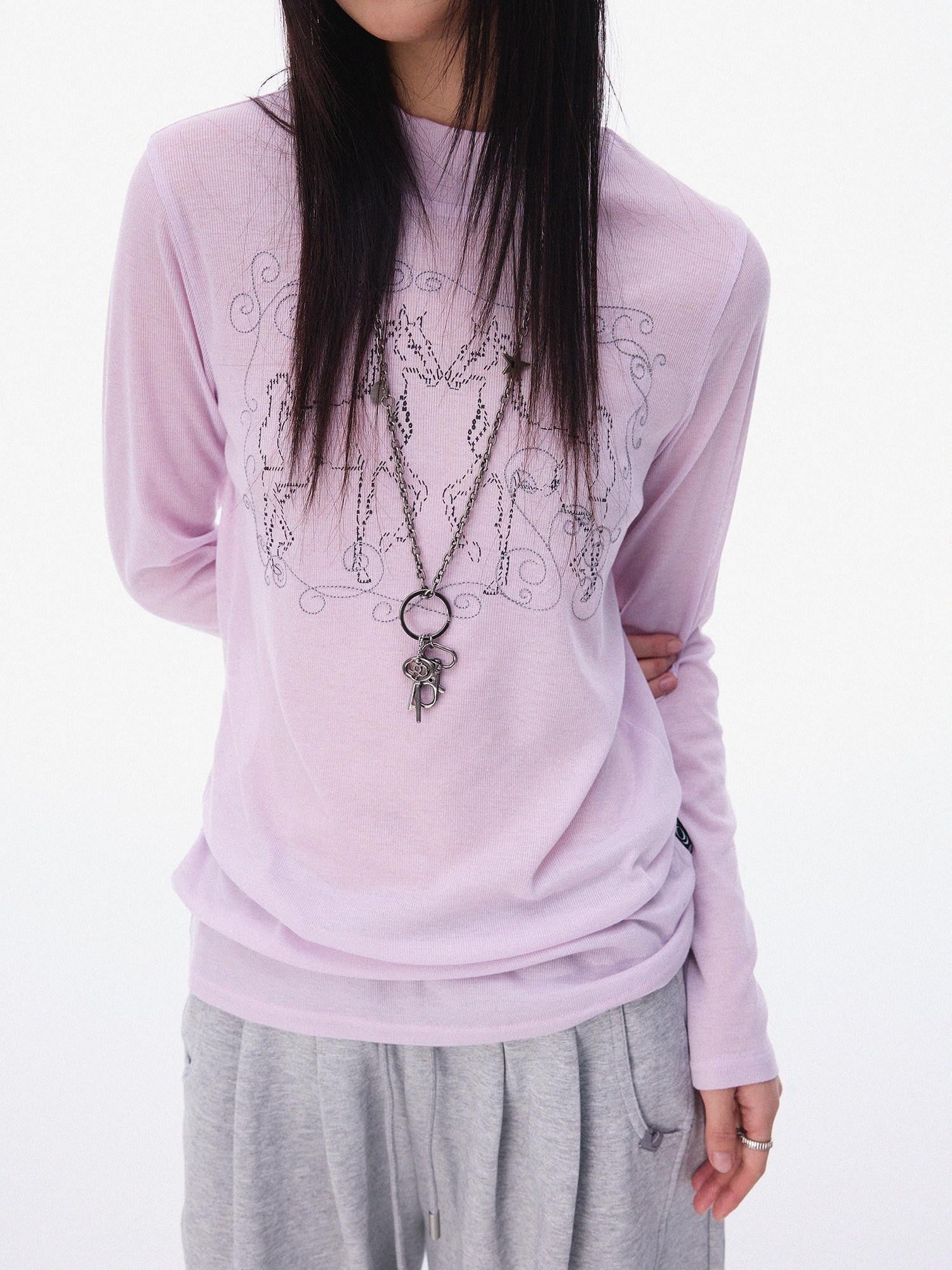 innomoood Airy Pink Embroidered Horse Semi High Neck Women&