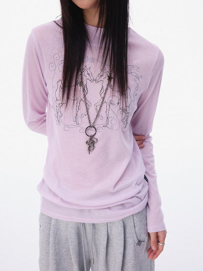 innomoood Airy Pink Embroidered Horse Semi High Neck Women&