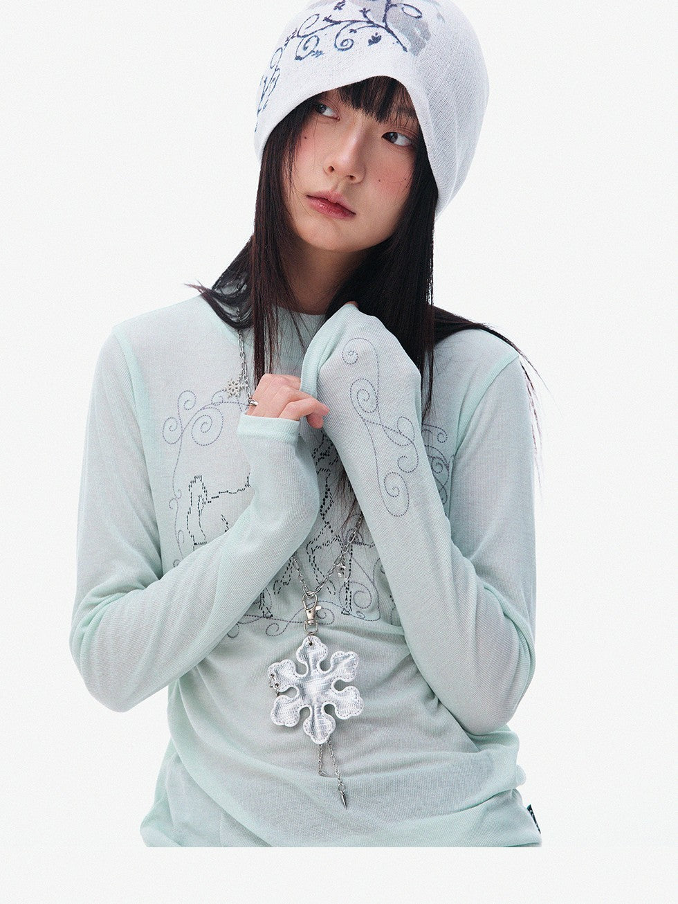innomoood Airy Pink Embroidered Horse Semi High Neck Women&