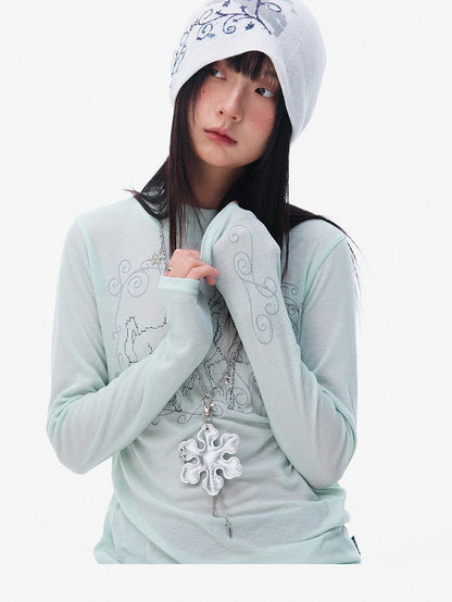 innomoood Airy Pink Embroidered Horse Semi High Neck Women&