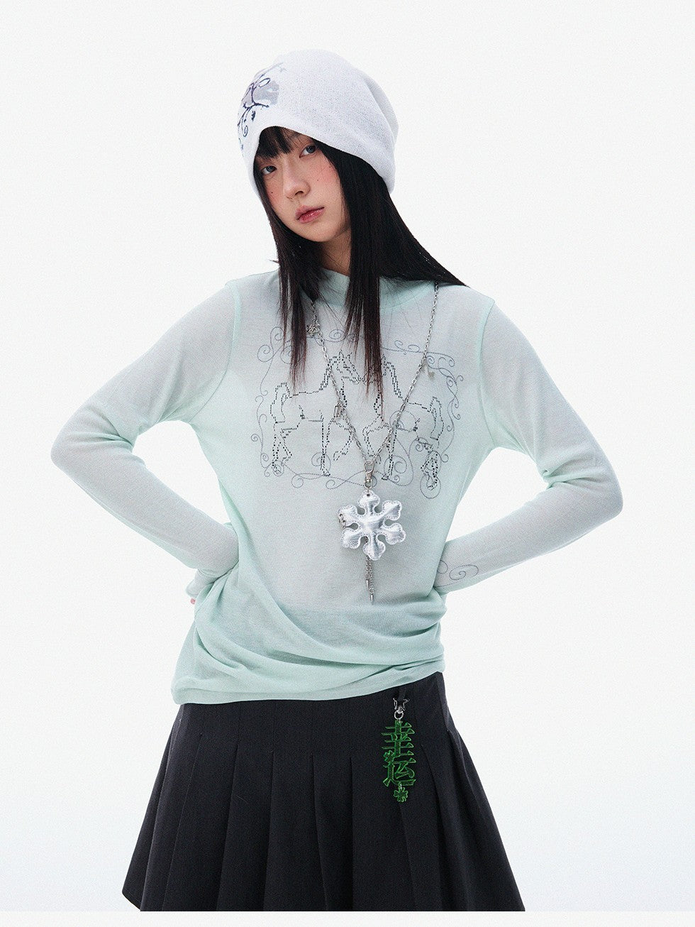 innomoood Airy Pink Embroidered Horse Semi High Neck Women&