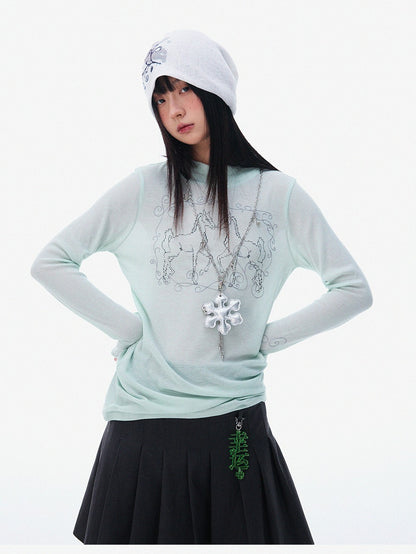 innomoood Airy Pink Embroidered Horse Semi High Neck Women&