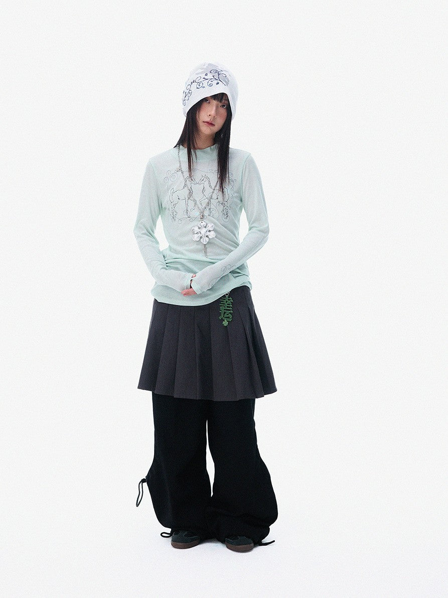 innomoood Airy Pink Embroidered Horse Semi High Neck Women&