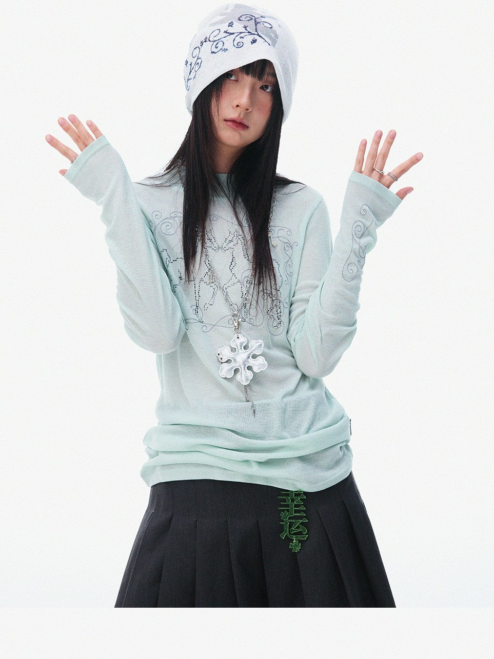 innomoood Airy Pink Embroidered Horse Semi High Neck Women&