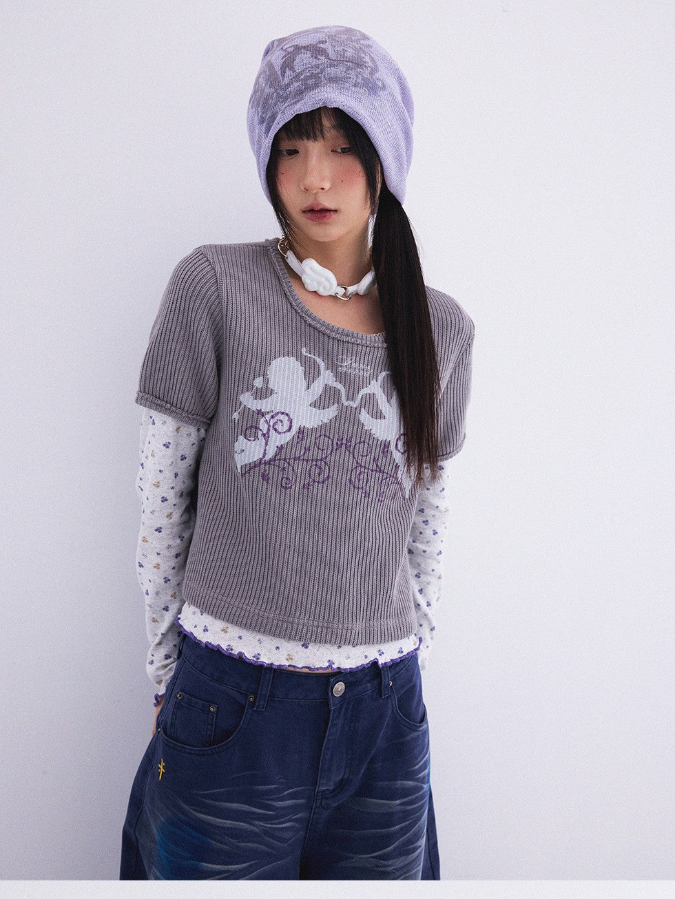 innomoood Angel Vine Print Puff Sleeve Women&